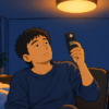 夜の部屋で、椅子に座って照度計の表示をのぞき込む男性。天井には暖色のシーリングライトが灯っている