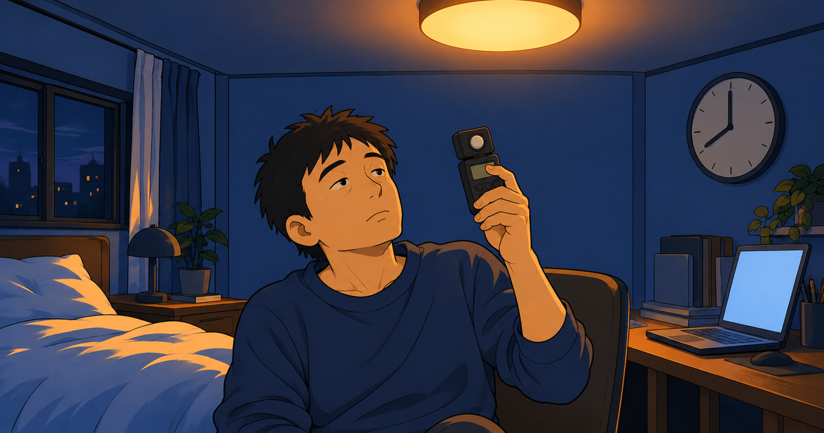 夜の部屋で、椅子に座って照度計の表示をのぞき込む男性。天井には暖色のシーリングライトが灯っている