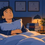 夜の寝室で、枕を抱えて起きている男性。壁には修了証が4枚並び、枕元には本が積まれている
