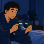 の早朝、緑色に光るメガネ型の道具を手に、首をかしげる男性
